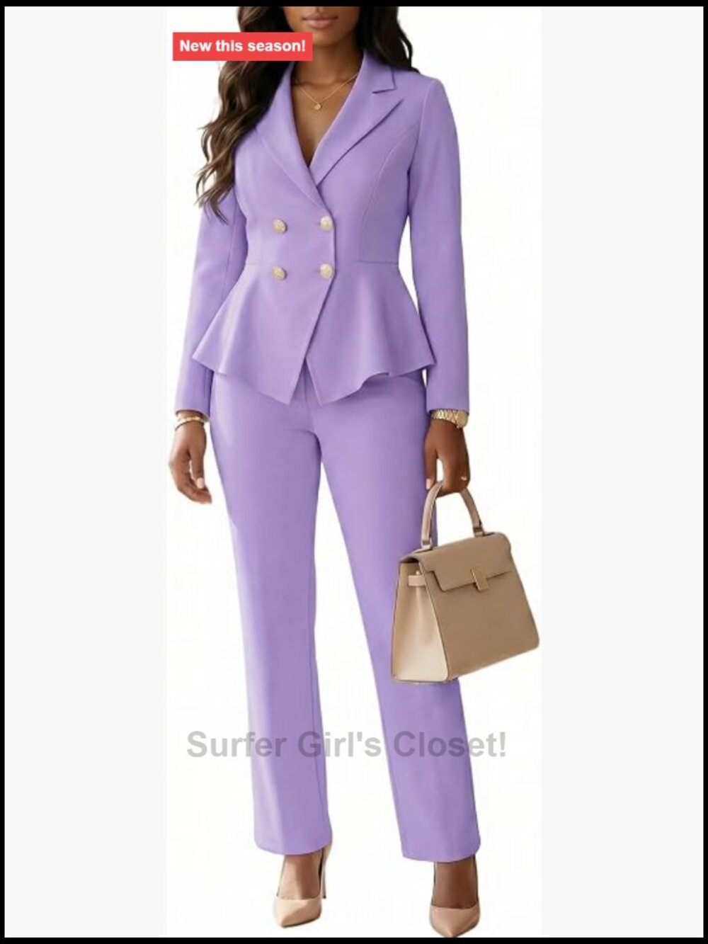 Women's Double Breasted 2 Piece Blazer Pants Suit Set - Notched Lapel Peplum